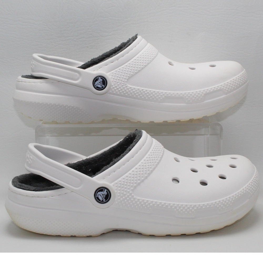 Crocs Classic Lined Clog White Grey Fuzzy Furry Comfort Mens 7 Womens 9